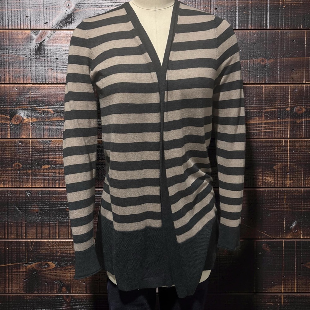 Loft Striped Long Sleeve Knit Open Cardigan Sweater in Taupe and Gray